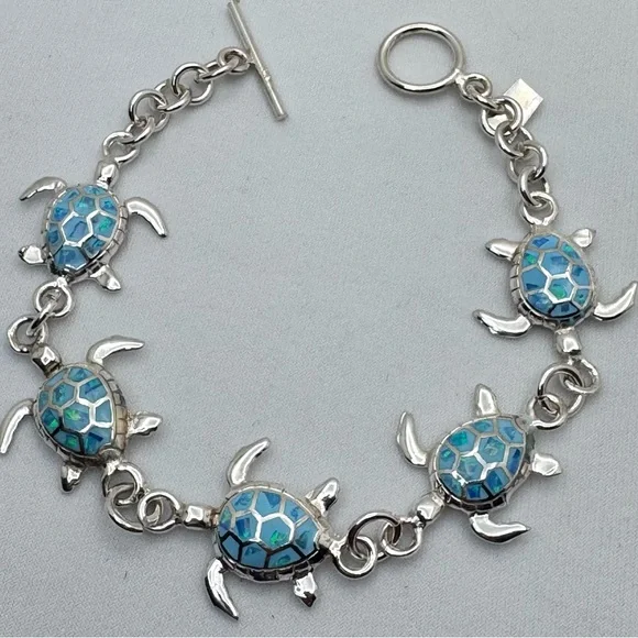 Vintage Taxco Mexico Blue Opal Sea Turtle Bracelet Silver Overlay - Picture 3 of 8